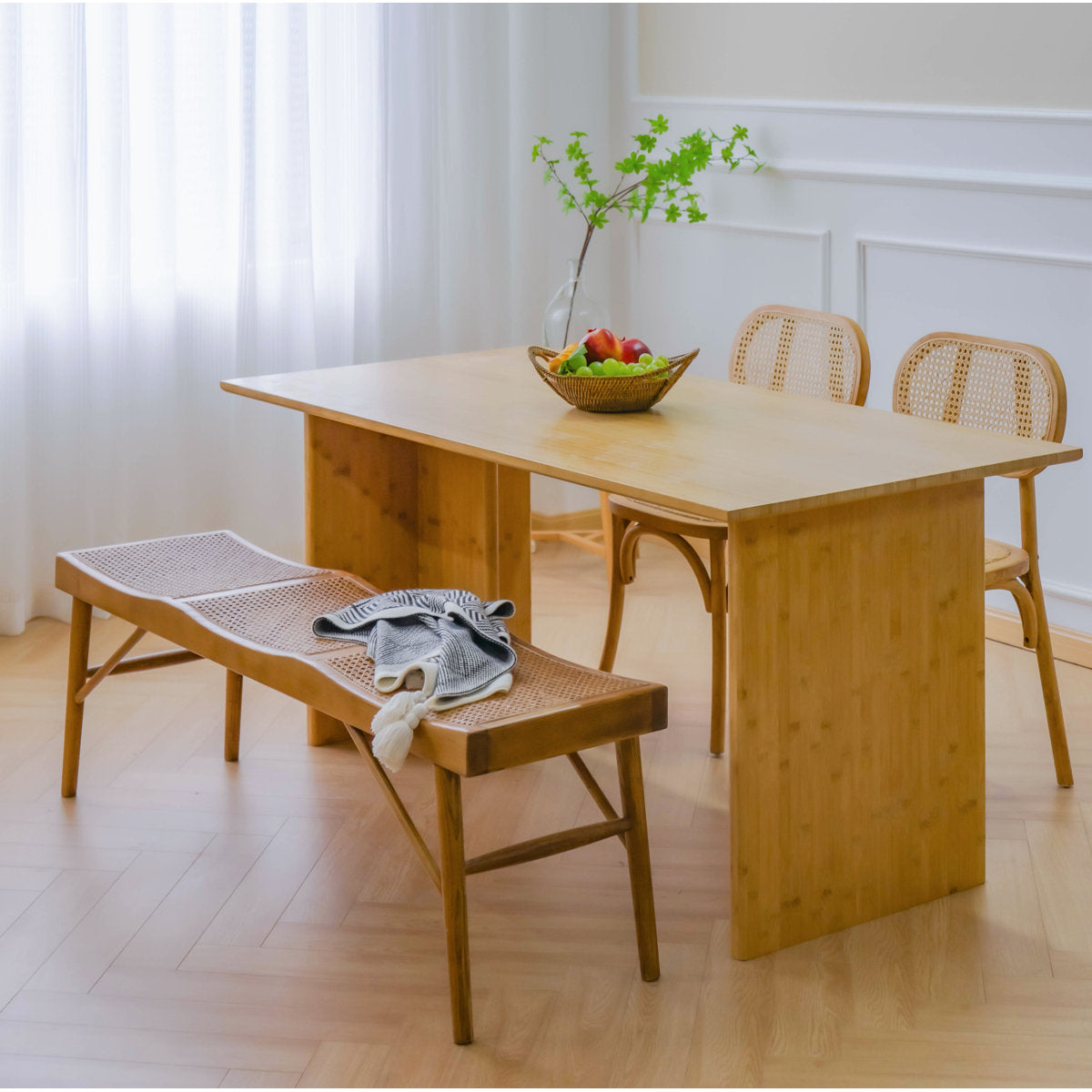 Furnishiaa Solid Wood & Woven Cane Entryway Bench