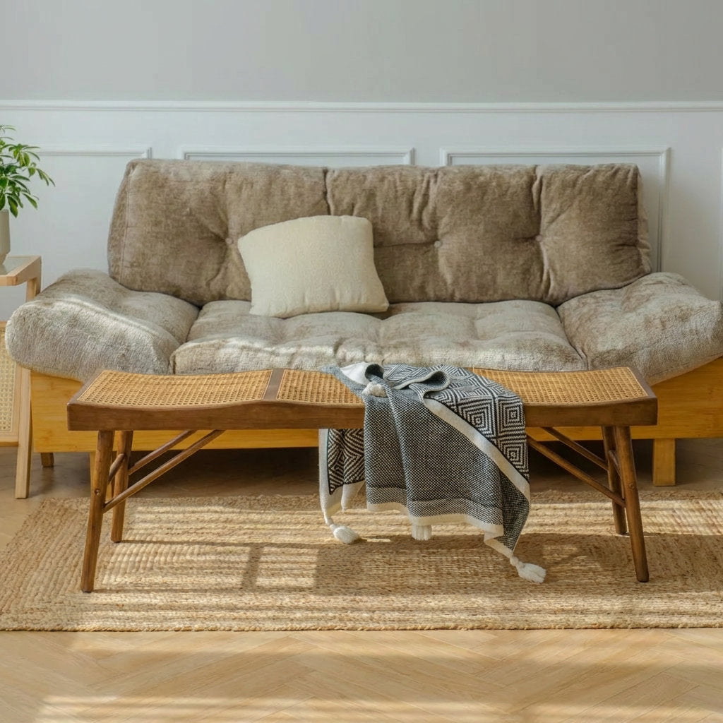 Furnishiaa Solid Wood & Woven Cane Entryway Bench
