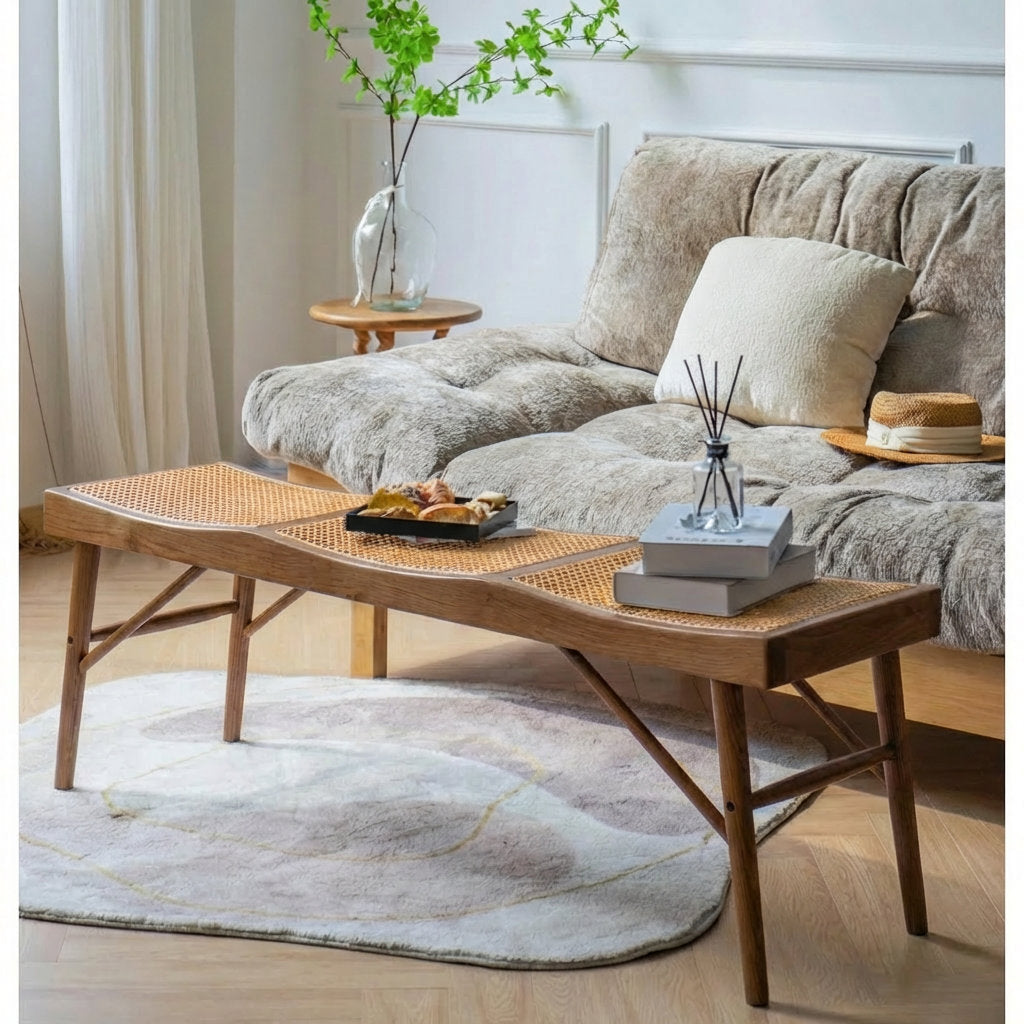 Furnishiaa Solid Wood & Woven Cane Entryway Bench