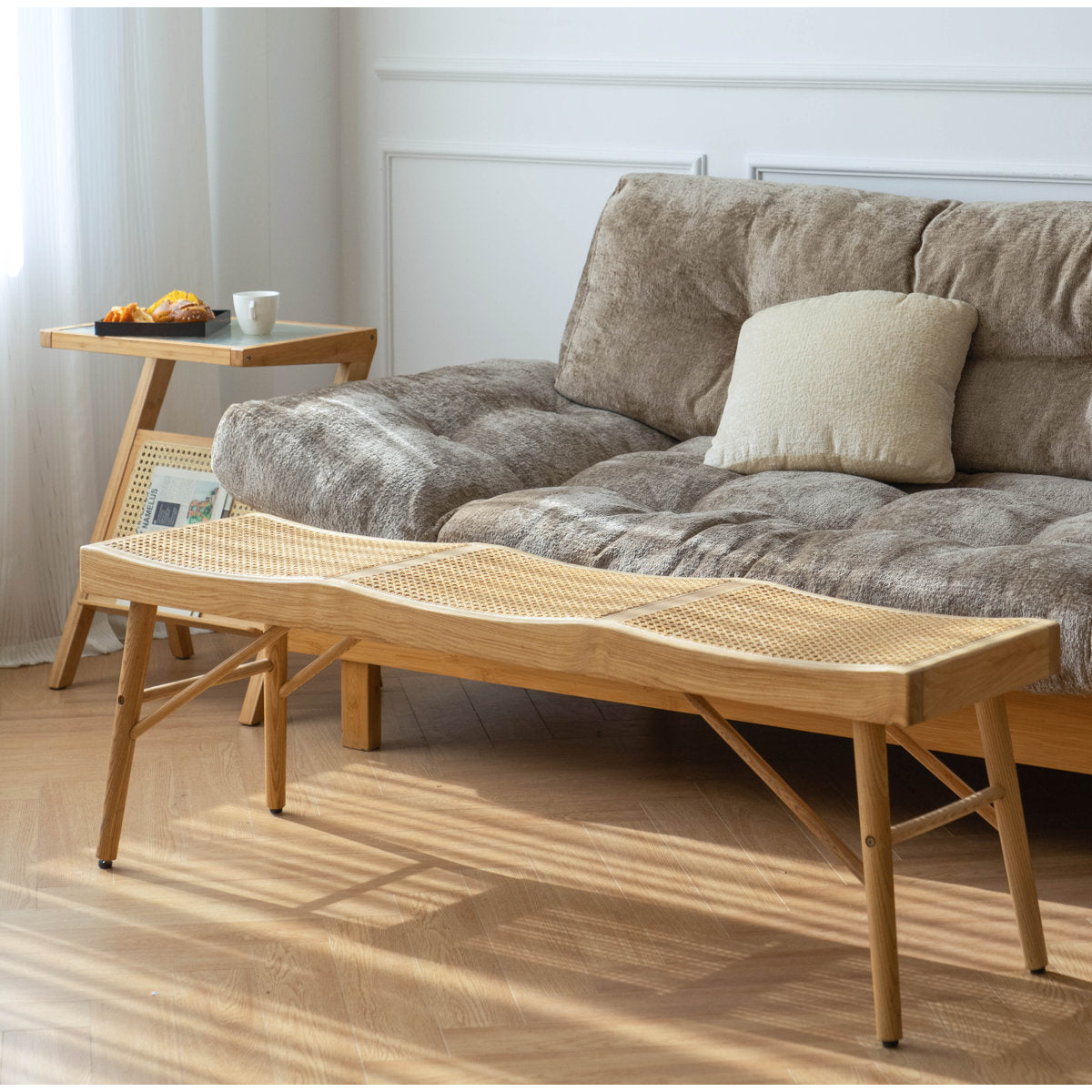 Furnishiaa Solid Wood & Woven Cane Entryway Bench