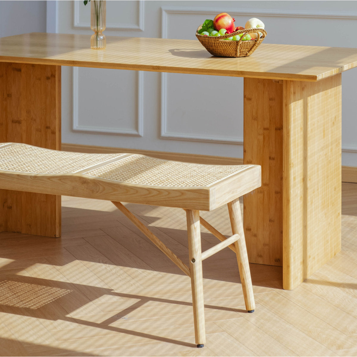 Furnishiaa Solid Wood & Woven Cane Entryway Bench