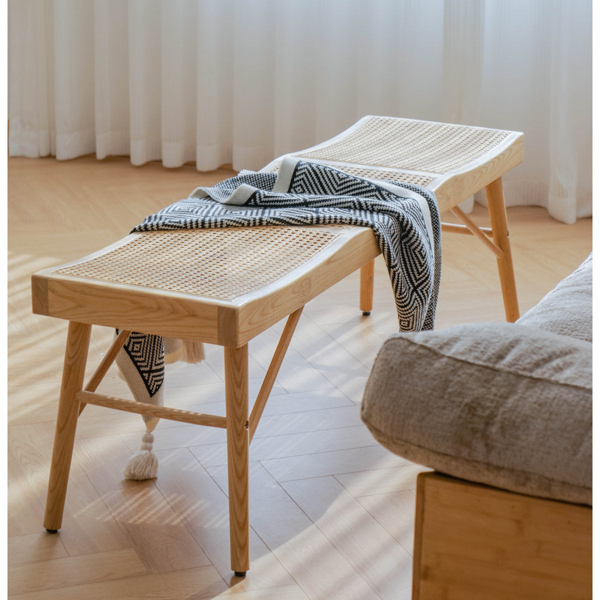 Furnishiaa Solid Wood & Woven Cane Entryway Bench