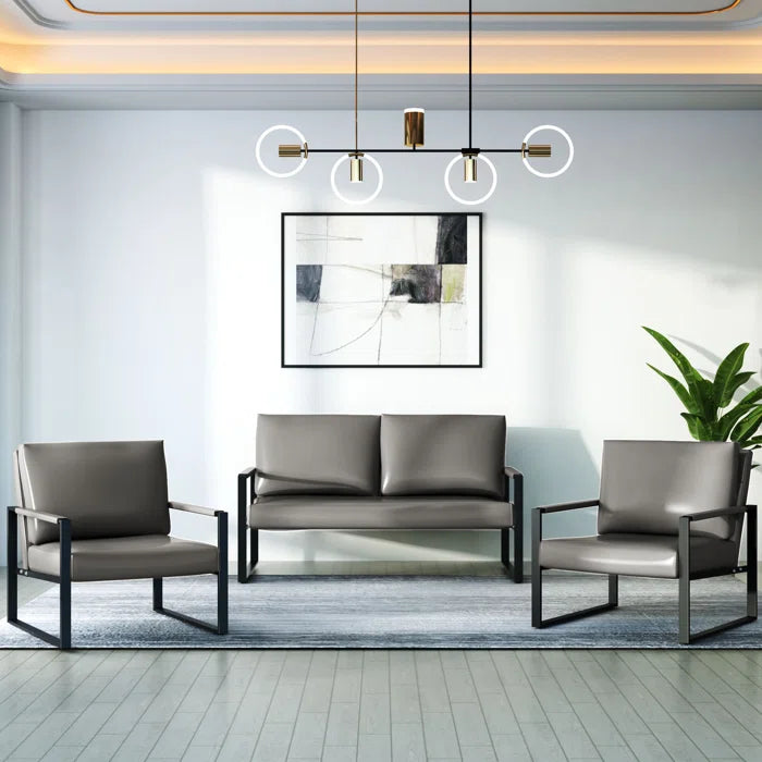 Furnishiaa 3 Piece Mid-Century Faux Leather Living Room Sofa Set – 1 Loveseat and 2 Armchairs