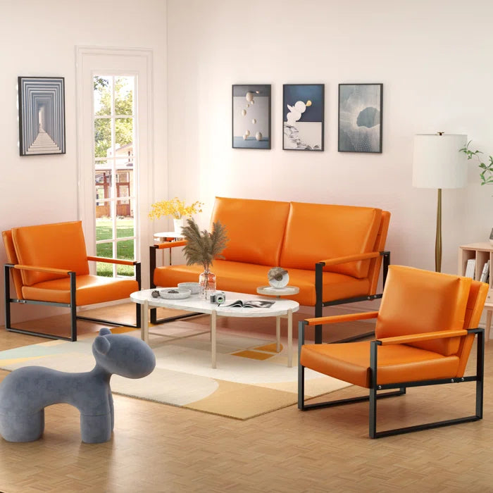 Furnishiaa 3 Piece Mid-Century Faux Leather Living Room Sofa Set – 1 Loveseat and 2 Armchairs