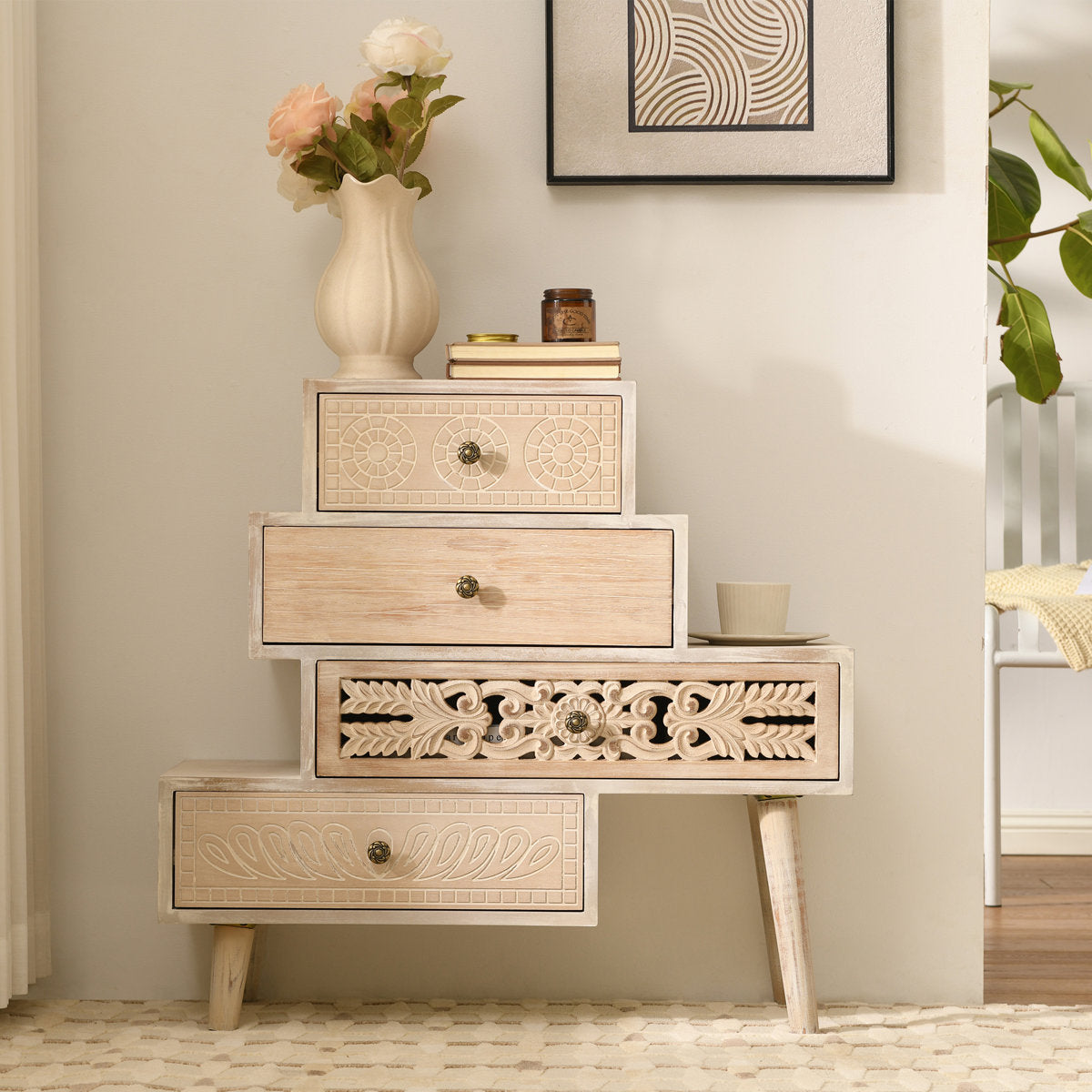 Furnishiaa Handcrafted Farmhouse 4-Drawer Rustic Wood Accent Chest