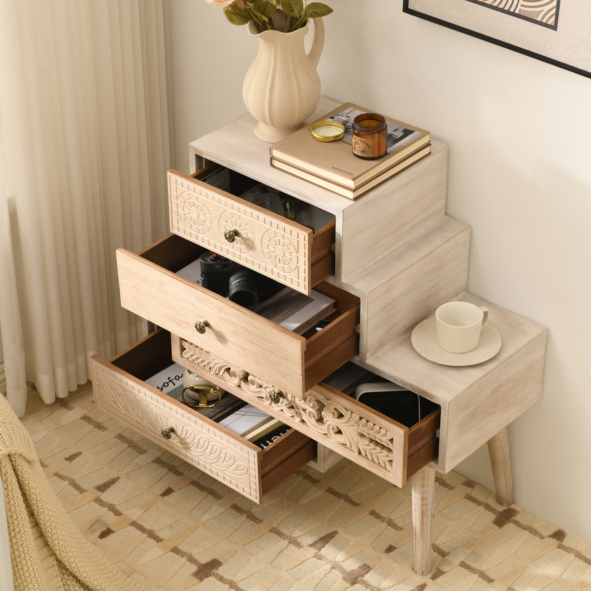 Furnishiaa Handcrafted Farmhouse 4-Drawer Rustic Wood Accent Chest