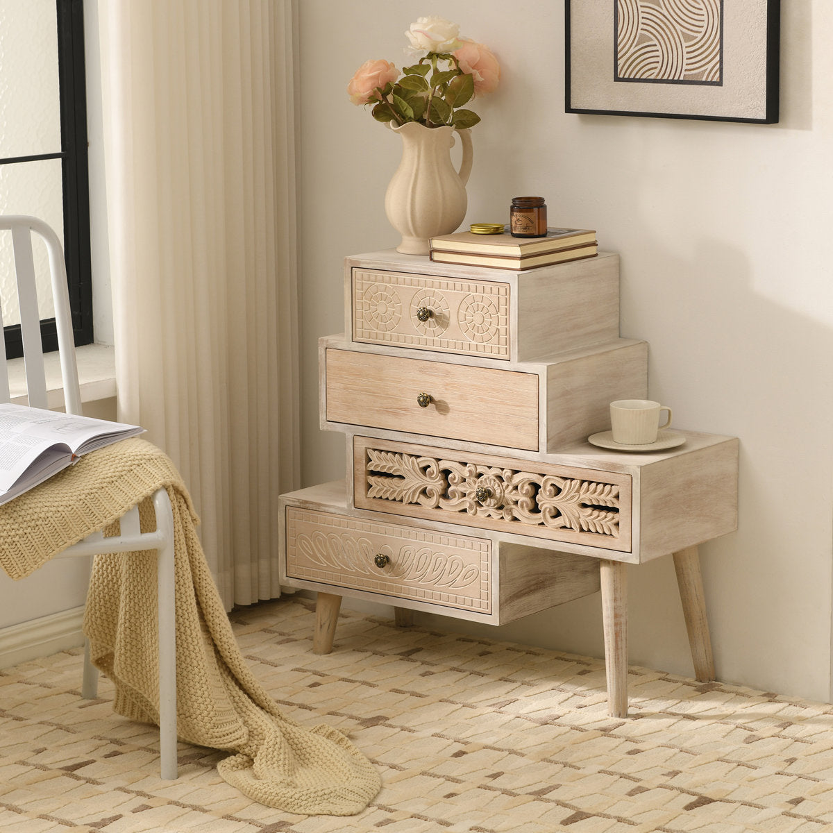 Furnishiaa Handcrafted Farmhouse 4-Drawer Rustic Wood Accent Chest