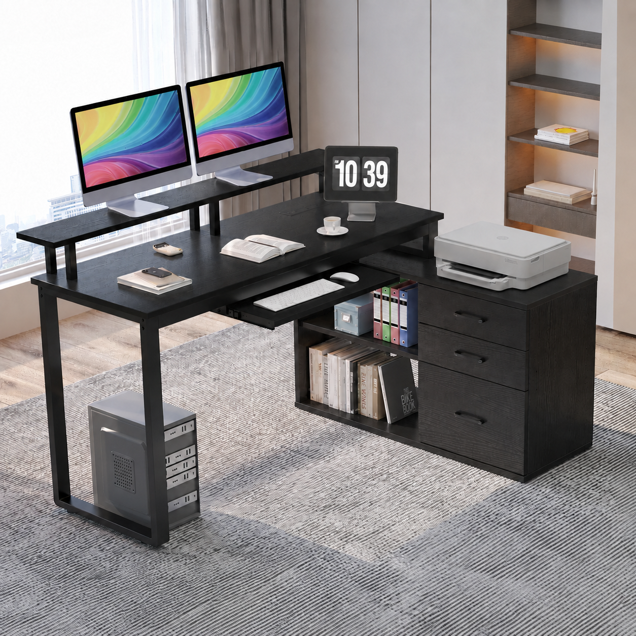 Furnishiaa Solid Sheesham Wood L-Shaped Computer Desk with Storage Drawers