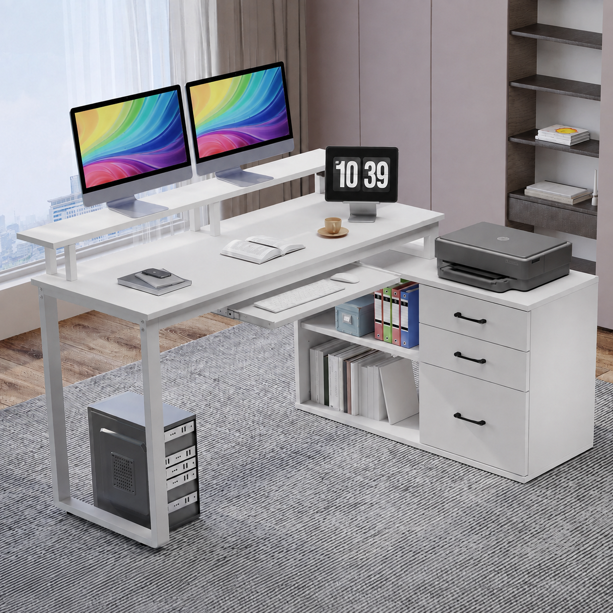 Furnishiaa Solid Sheesham Wood L-Shaped Computer Desk with Storage Drawers