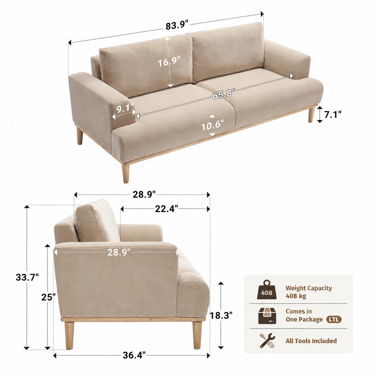Furnishiaa Upholstered Standard 3-Seater Sofa with Solid Wood Legs