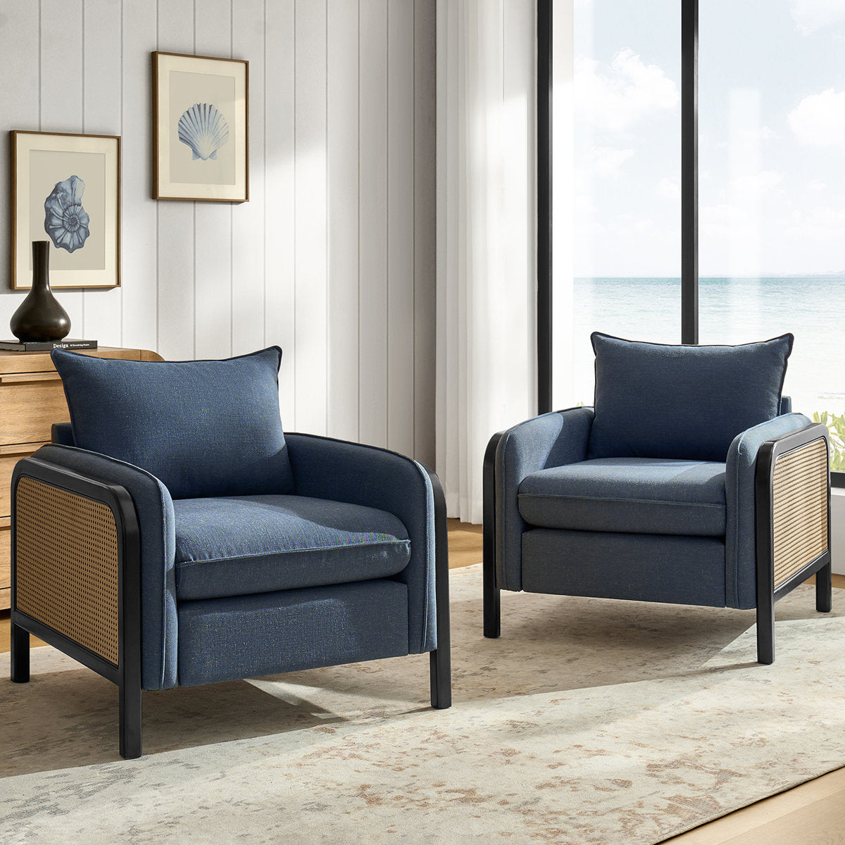 Furnishiaa Natural Wood Armchairs with Upholstered Seat & Woven Rattan Arms (Set of 2)