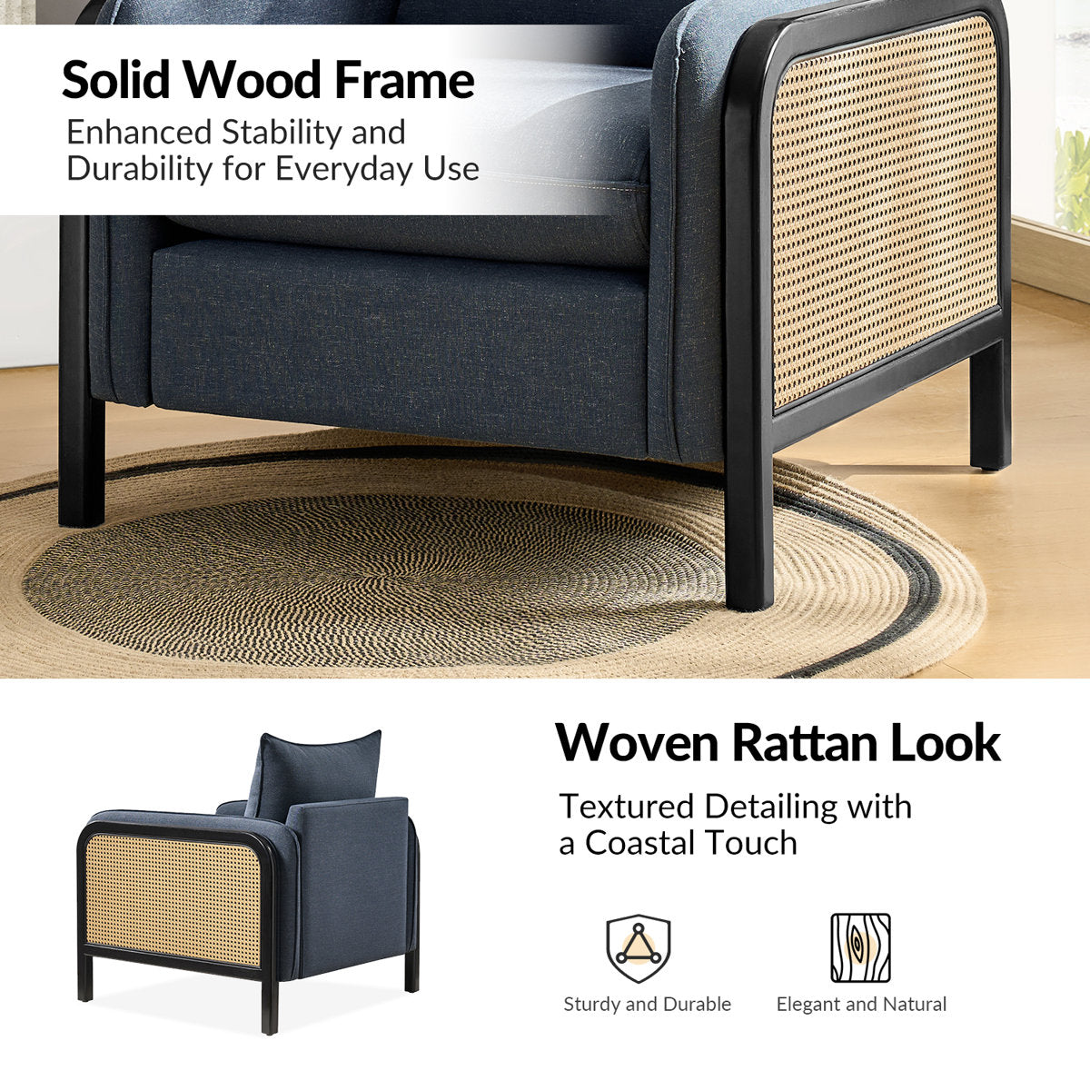 Furnishiaa Natural Wood Armchairs with Upholstered Seat & Woven Rattan Arms (Set of 2)
