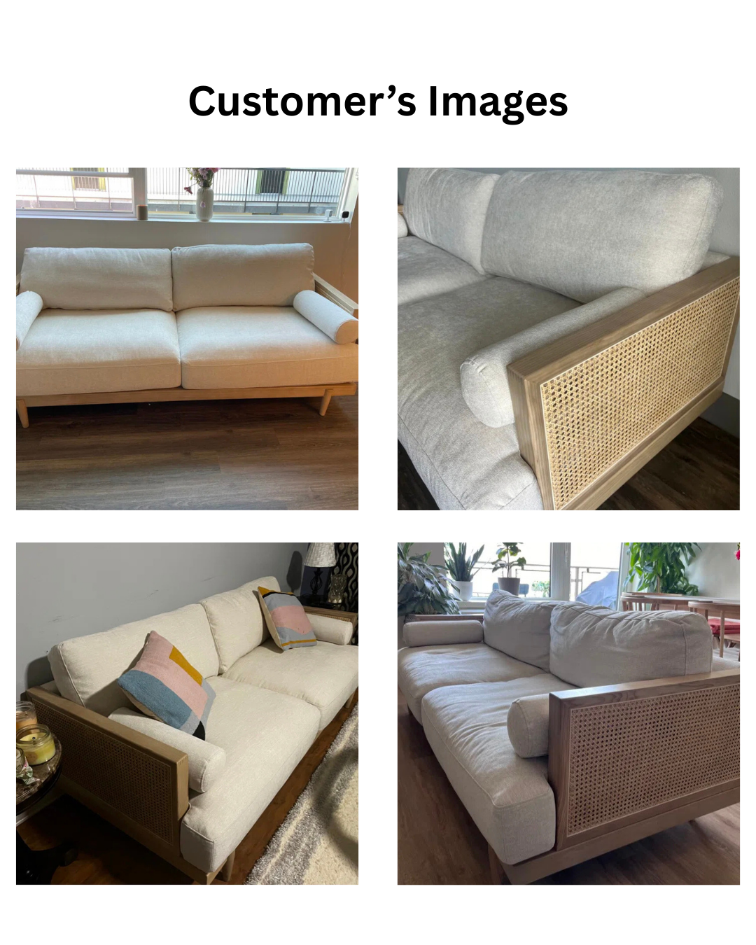 Solid Wood Upholstered Natural Cane Sofa Set