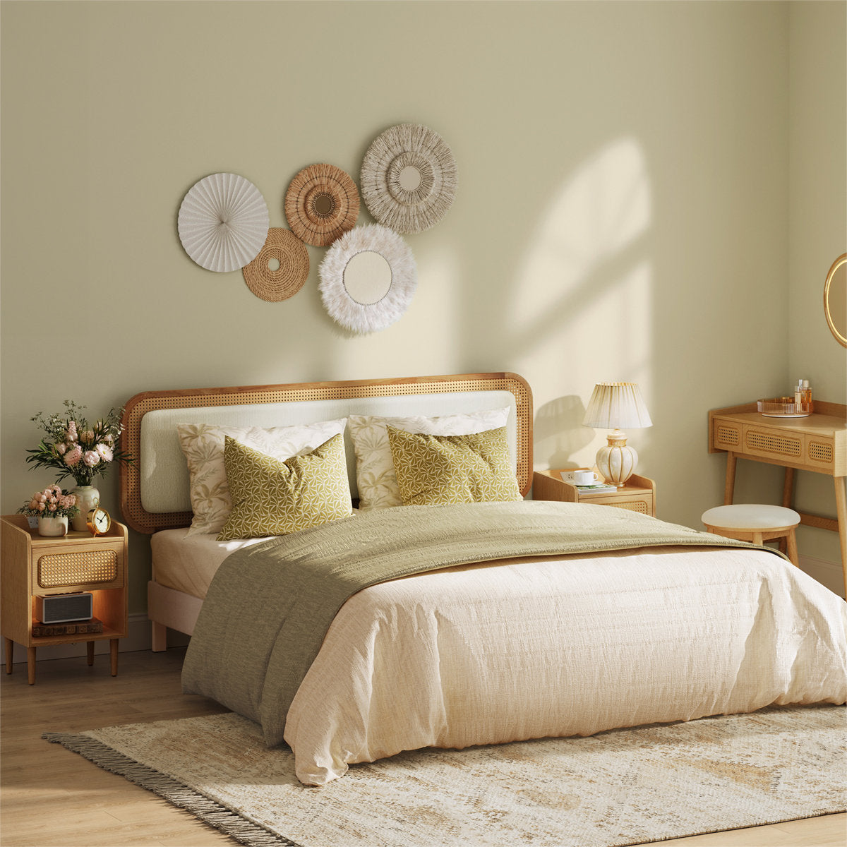 Furnishiaa Adjustable Upholstered Bed Frame with Rattan-Style Headboard