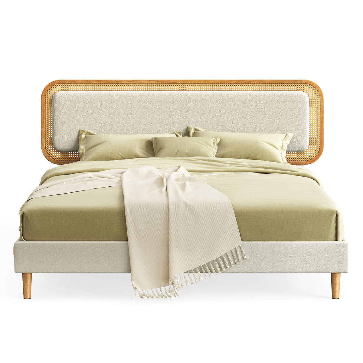 Furnishiaa Adjustable Upholstered Bed Frame with Rattan-Style Headboard