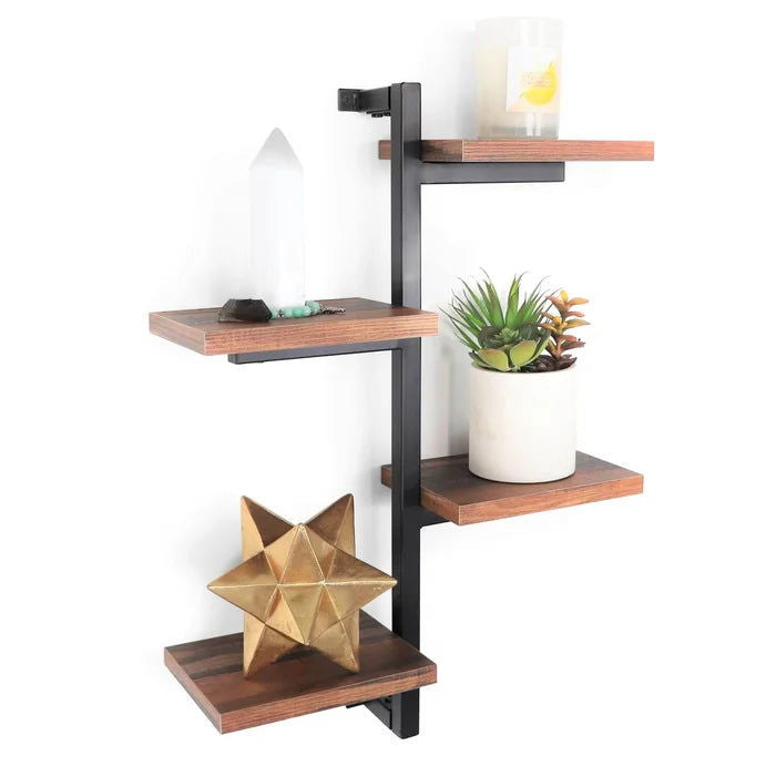 Designer Decorative 4-Arms Black Metal And Wood Frame Display Shelf Floating Wall - Furnishiaa -  - 
