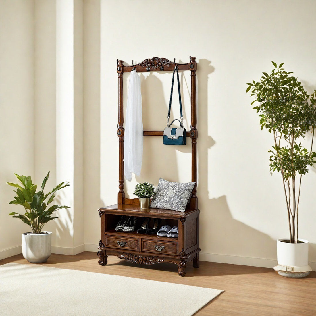 Furnishiaa Classic Birch Wood Wardrobe with Carved Detailing