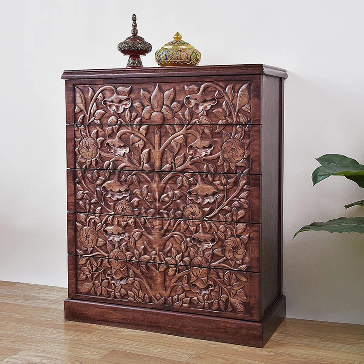 Furnishiaa Sheesham Wood 5-Drawer Hand-Carved Accent Cabinet – Walnut Finish