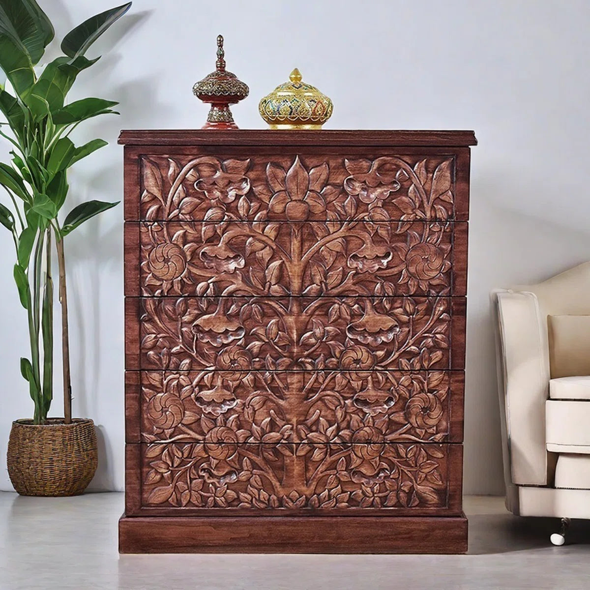 Furnishiaa Sheesham Wood 5-Drawer Hand-Carved Accent Cabinet – Walnut Finish