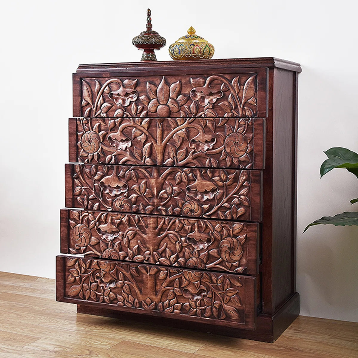 Furnishiaa Sheesham Wood 5-Drawer Hand-Carved Accent Cabinet – Walnut Finish
