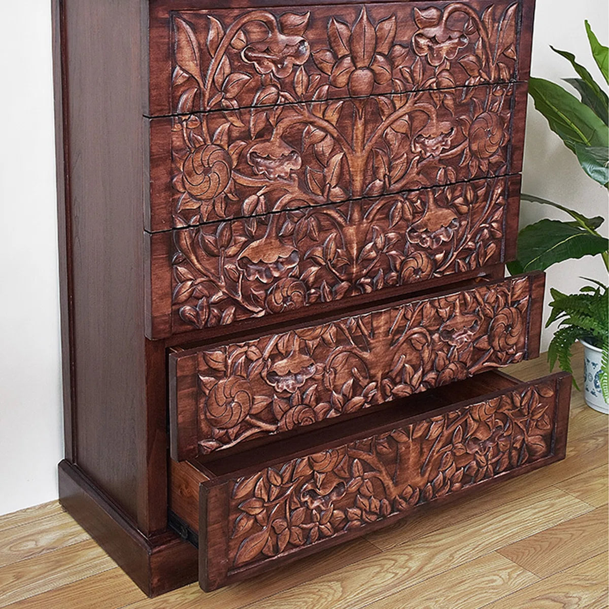 Furnishiaa Sheesham Wood 5-Drawer Hand-Carved Accent Cabinet – Walnut Finish
