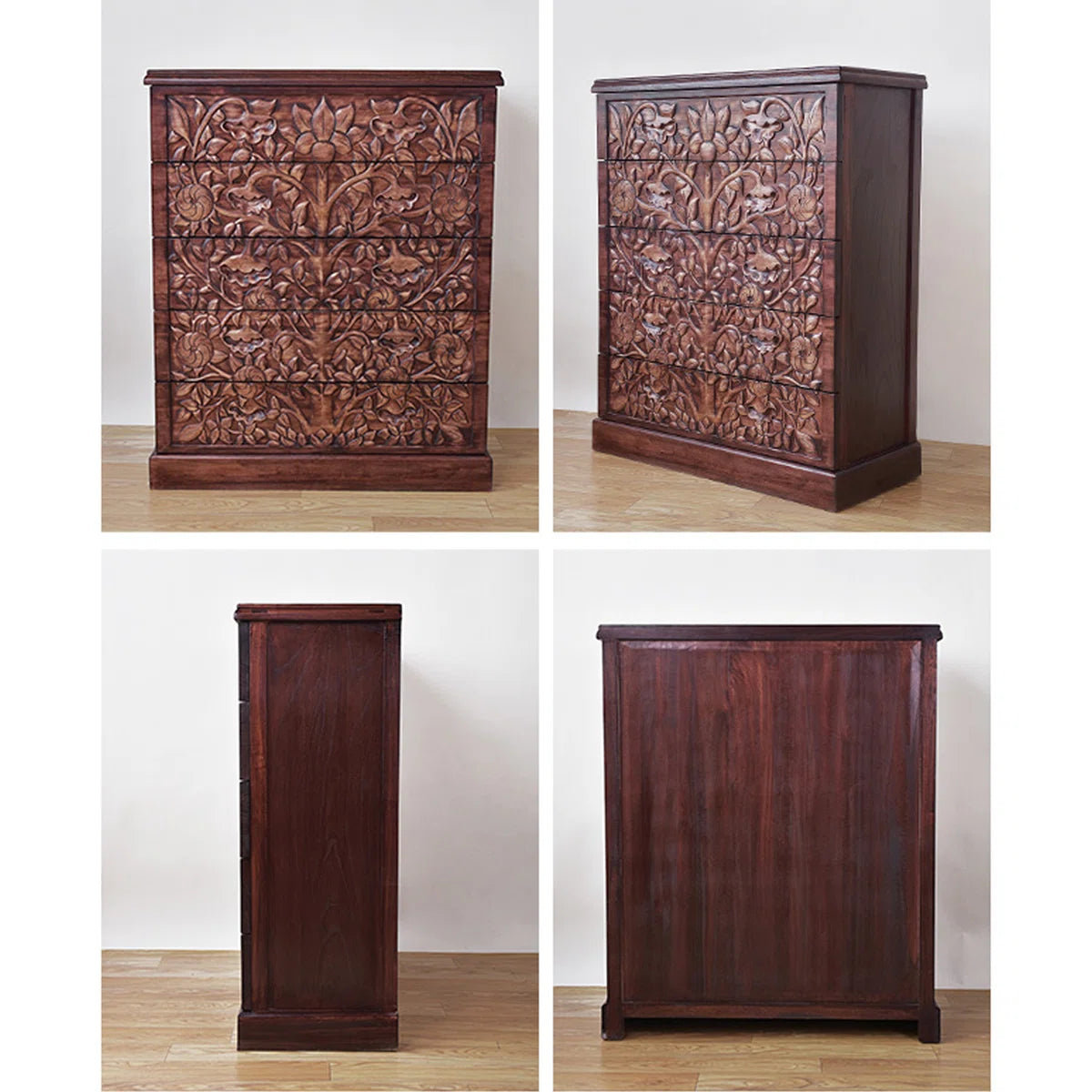 Furnishiaa Sheesham Wood 5-Drawer Hand-Carved Accent Cabinet – Walnut Finish