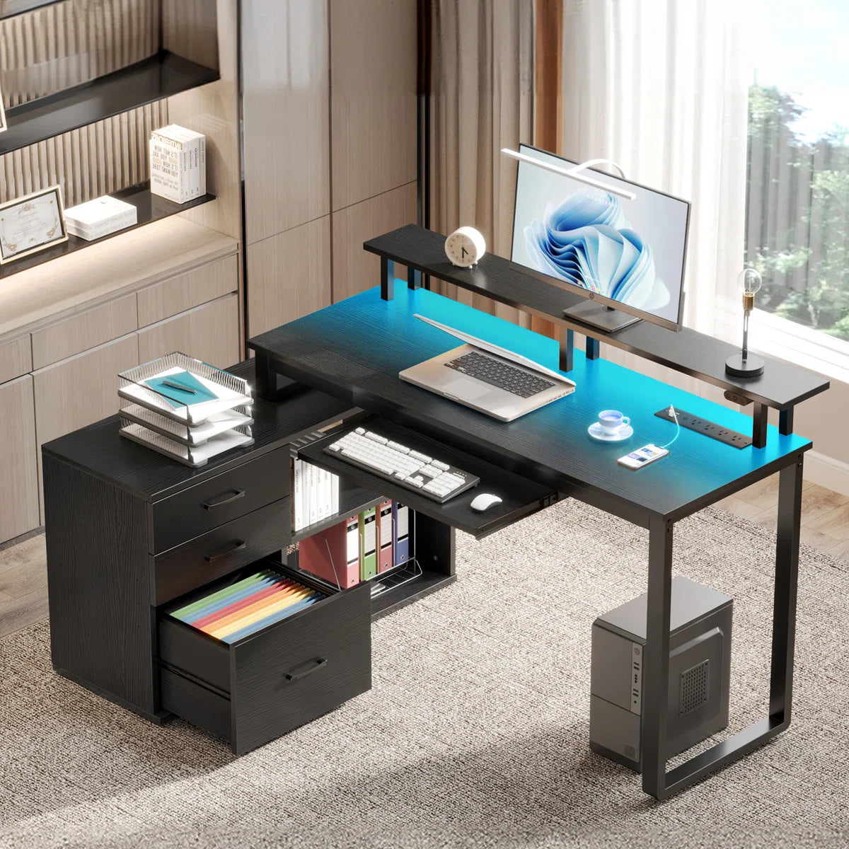 Furnishiaa Solid Sheesham Wood L-Shaped Computer Desk with Storage Drawers