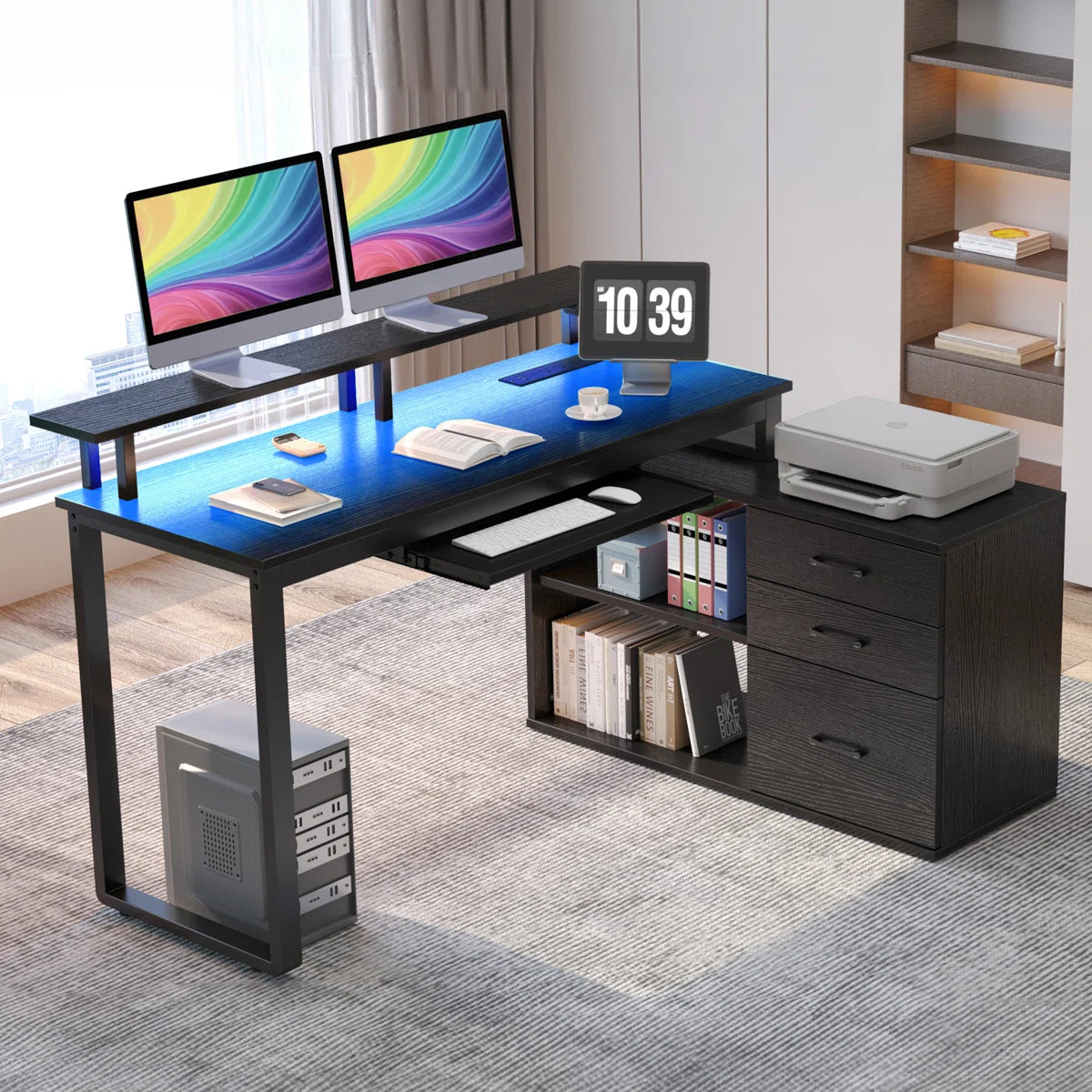 Furnishiaa Solid Sheesham Wood L-Shaped Computer Desk with Storage Drawers
