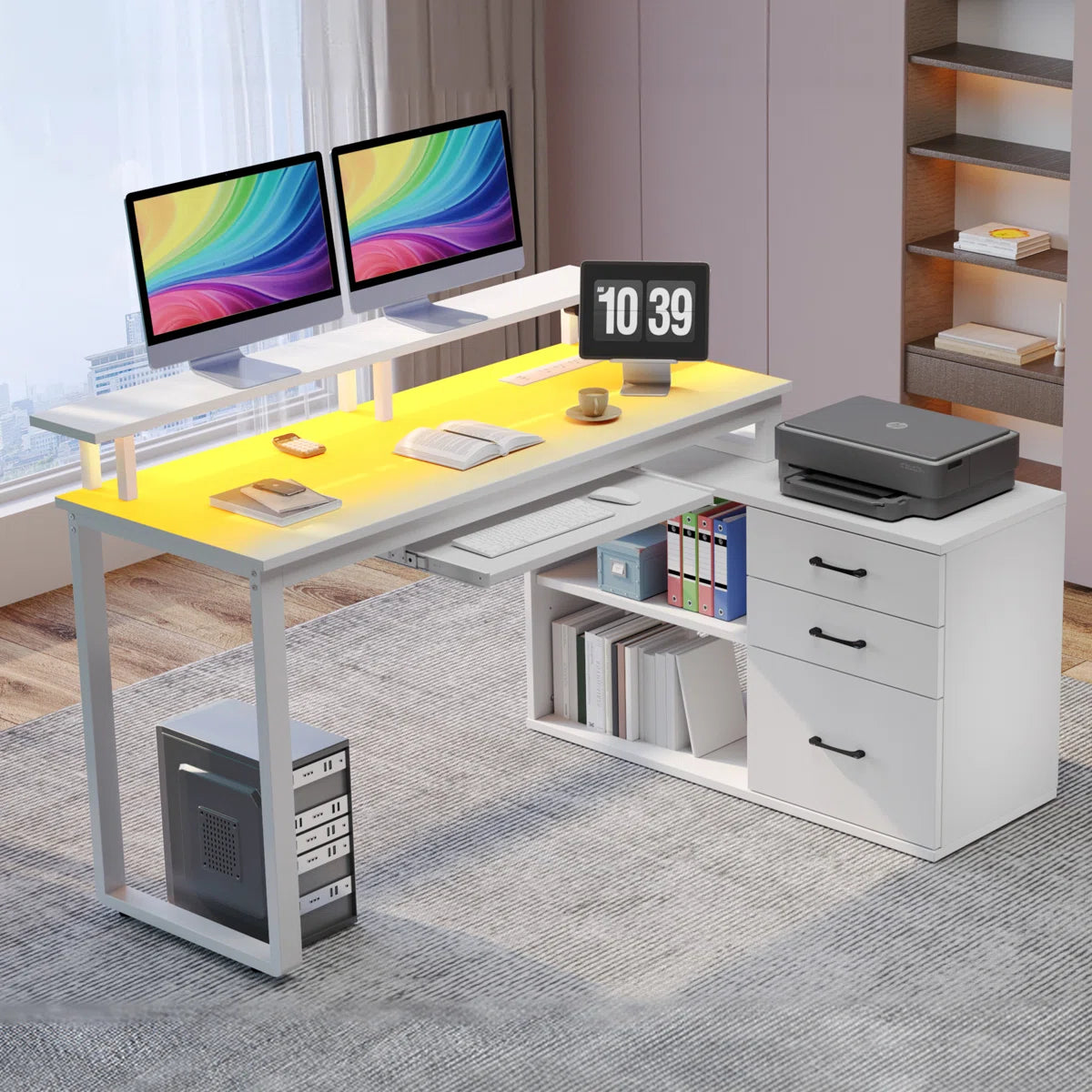Furnishiaa Solid Sheesham Wood L-Shaped Computer Desk with Storage Drawers