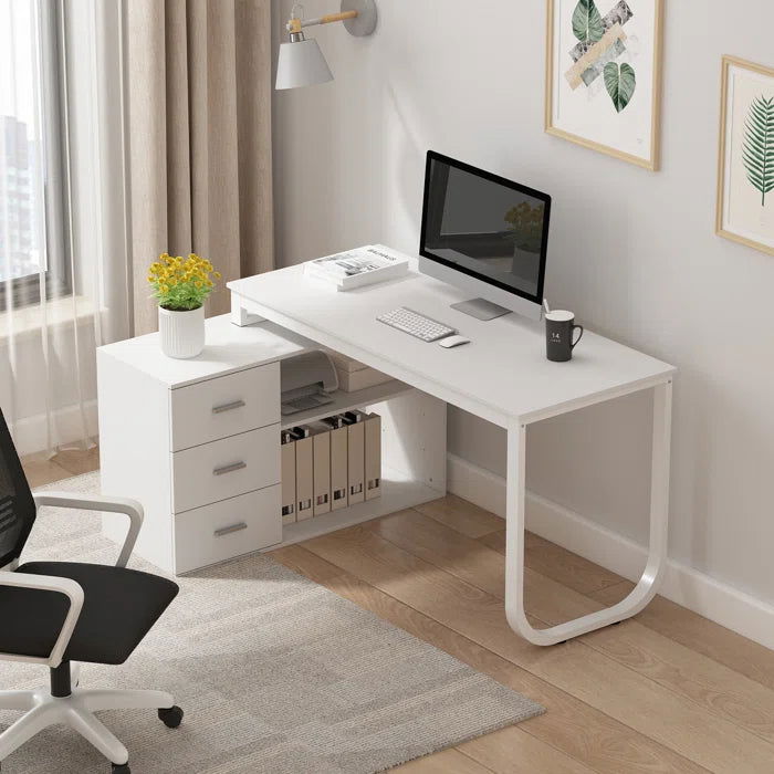 FURNISHIAA Solid Wood Reversible White L Shaped PU Computer Table for ...