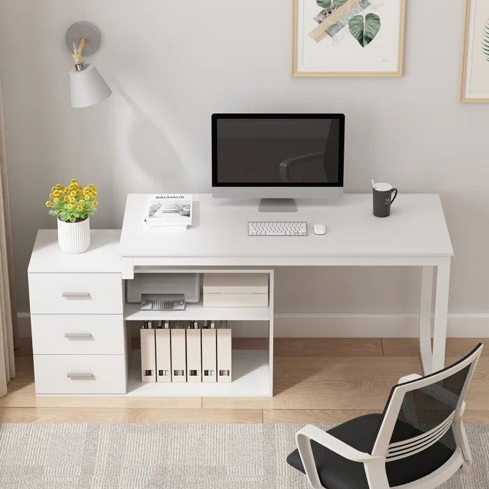 FURNISHIAA Solid Wood Reversible White L Shaped PU Computer Table for ...