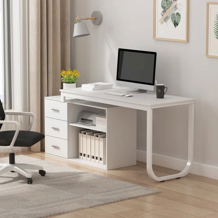 FURNISHIAA Solid Wood Reversible White L Shaped PU Computer Table for Home & Office - Furnishiaa -  - 