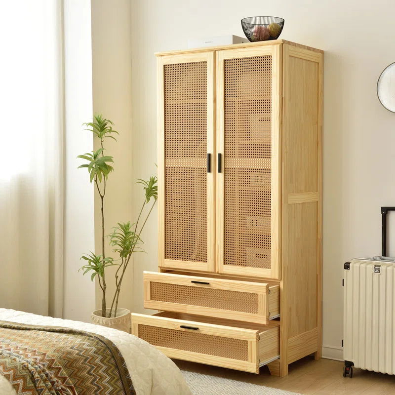 Furnishiaa 100% Solid Wood 2 Door Natural Cane Wardrobe - Furnishiaa -  - 
