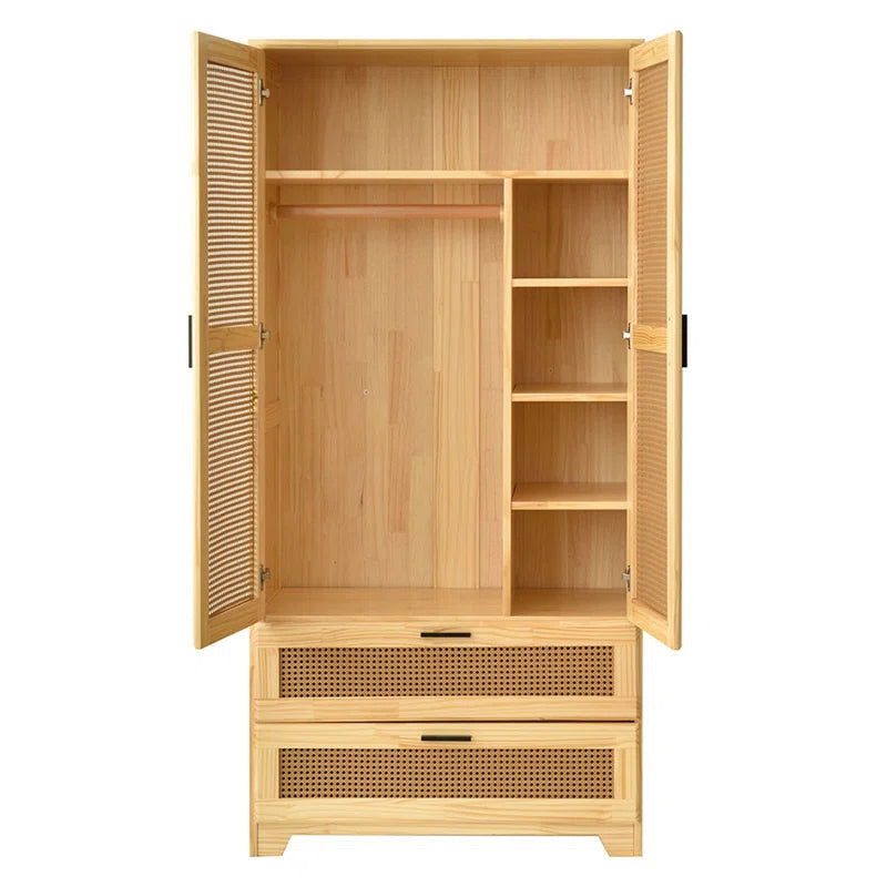 Furnishiaa 100% Solid Wood 2 Door Natural Cane Wardrobe - Furnishiaa -  - 