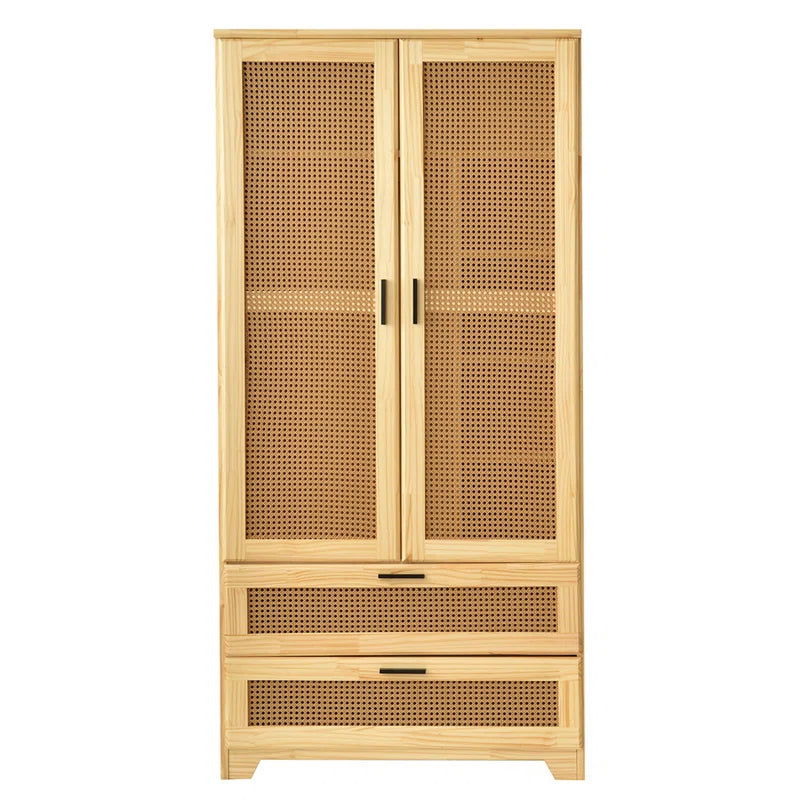 Furnishiaa 100% Solid Wood 2 Door Natural Cane Wardrobe - Furnishiaa -  - 