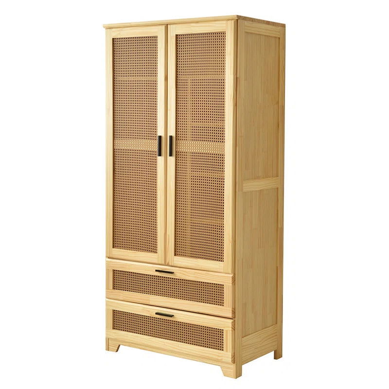 Furnishiaa 100% Solid Wood 2 Door Natural Cane Wardrobe - Furnishiaa -  - 
