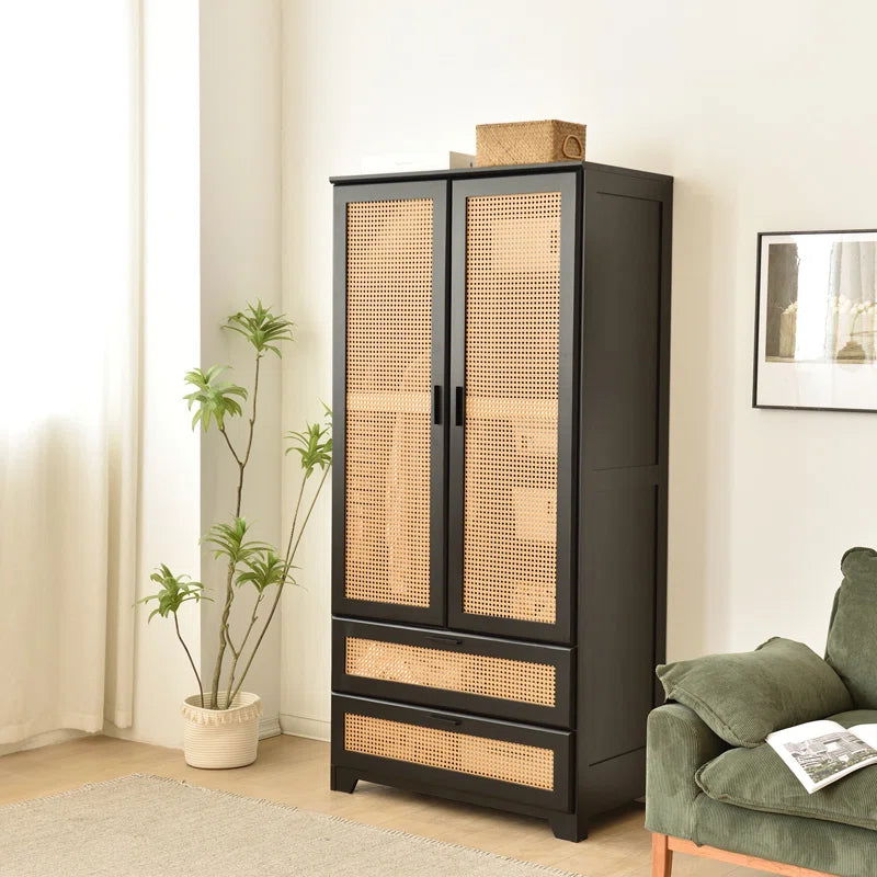 Furnishiaa 100% Solid Wood 2 Door Natural Cane Wardrobe - Furnishiaa -  - 