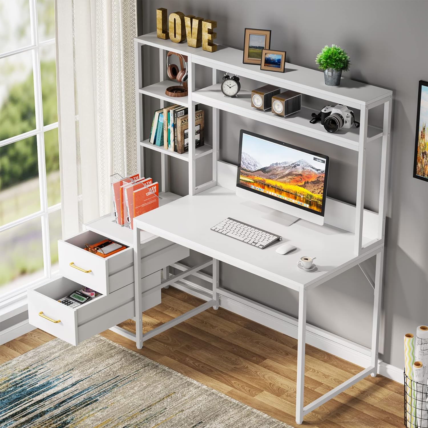 Furnishiaa 55 Inch Computer Desk with 2 Drawers and Storage Shelves - Furnishiaa -  - 