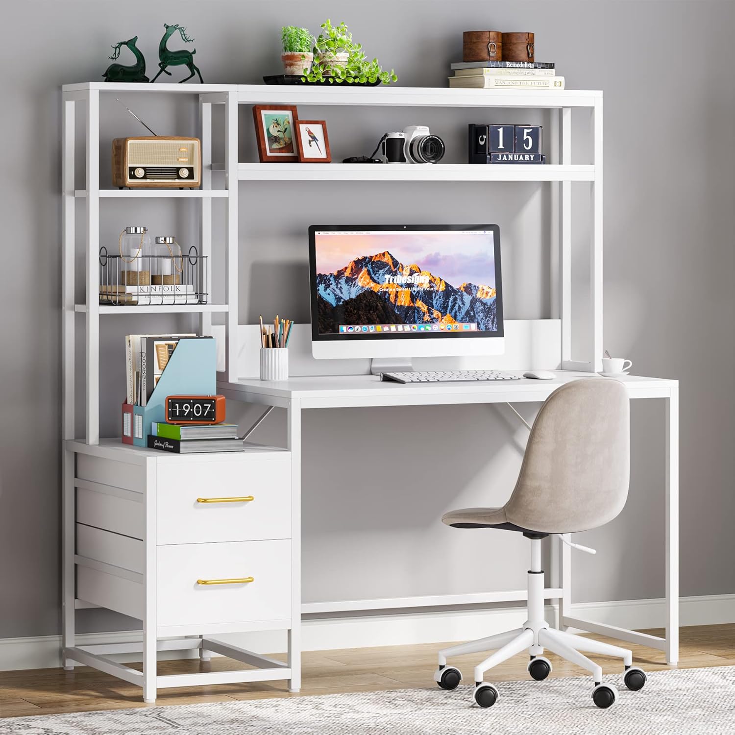 Furnishiaa 55 Inch Computer Desk with 2 Drawers and Storage Shelves - Furnishiaa -  - 