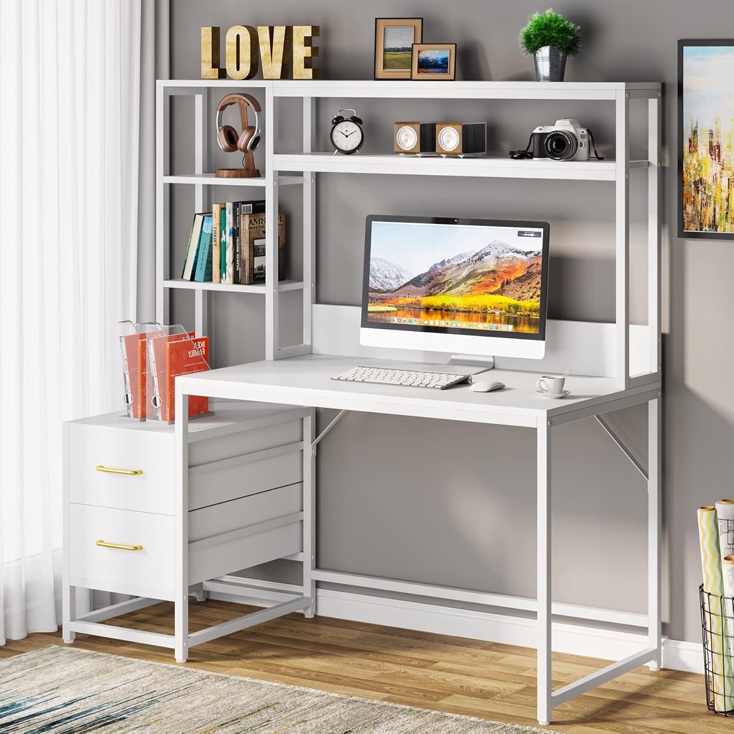 Furnishiaa 55 Inch Computer Desk with 2 Drawers and Storage Shelves - Furnishiaa -  - 