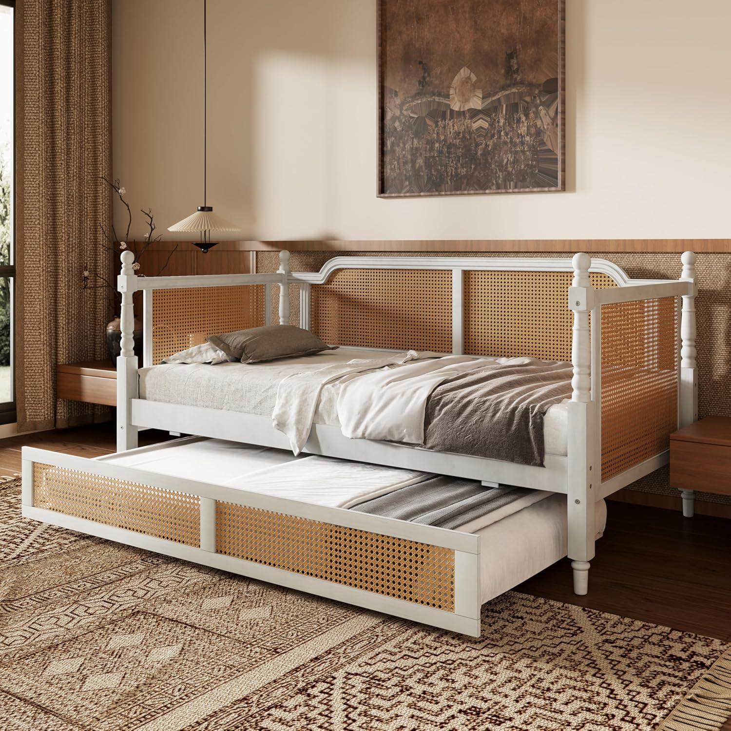 Furnishiaa French Style Rattan Daybed with Trundle Sofa Bed -  - 