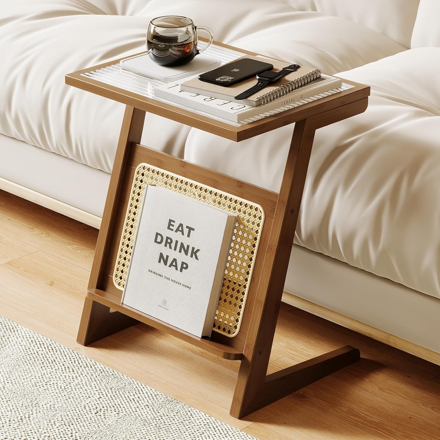 Furnishiaa Rattan Z-Shape Side Table with Glass Top and Storage - Furnishiaa -  - 