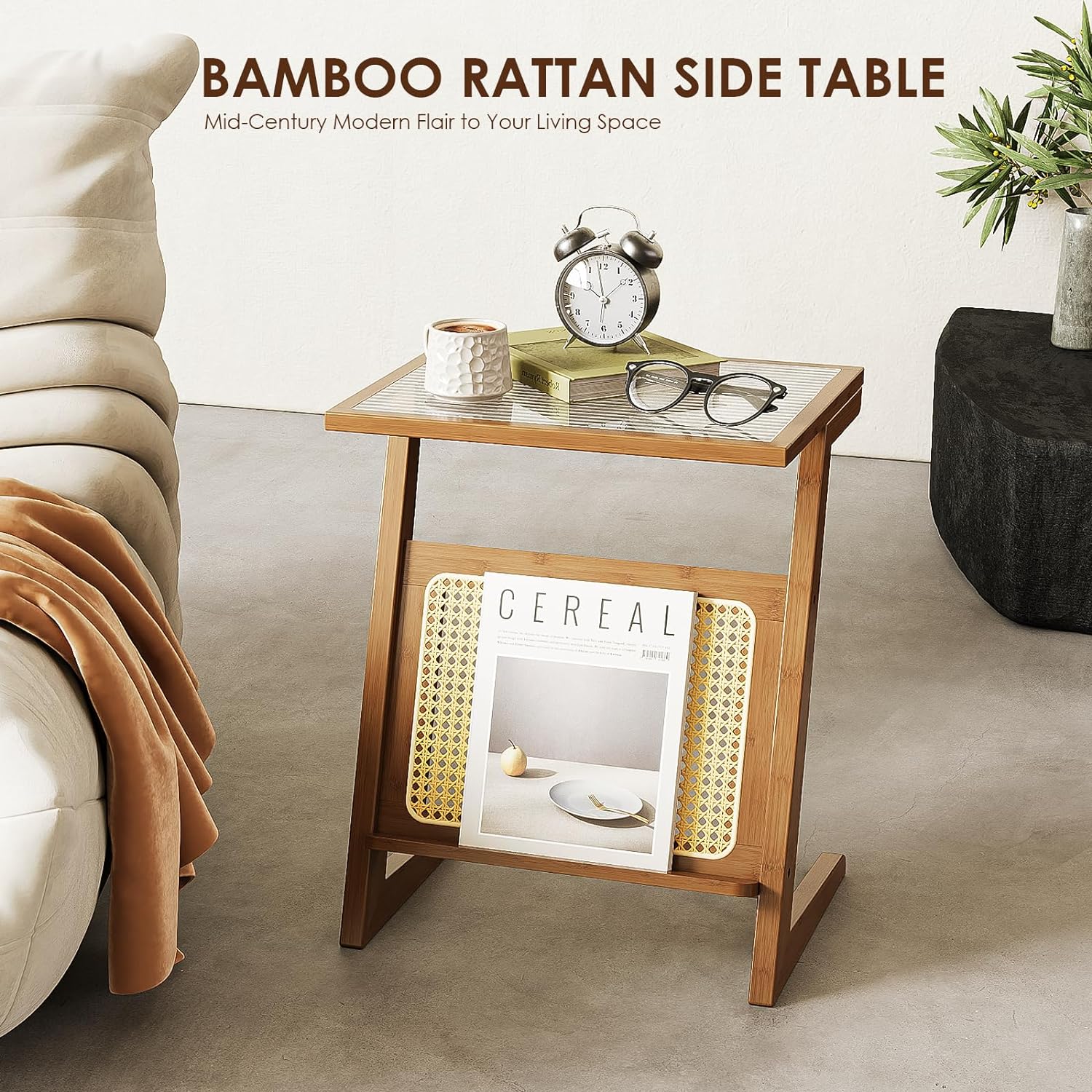 Furnishiaa Rattan Z-Shape Side Table with Glass Top and Storage - Furnishiaa -  - 