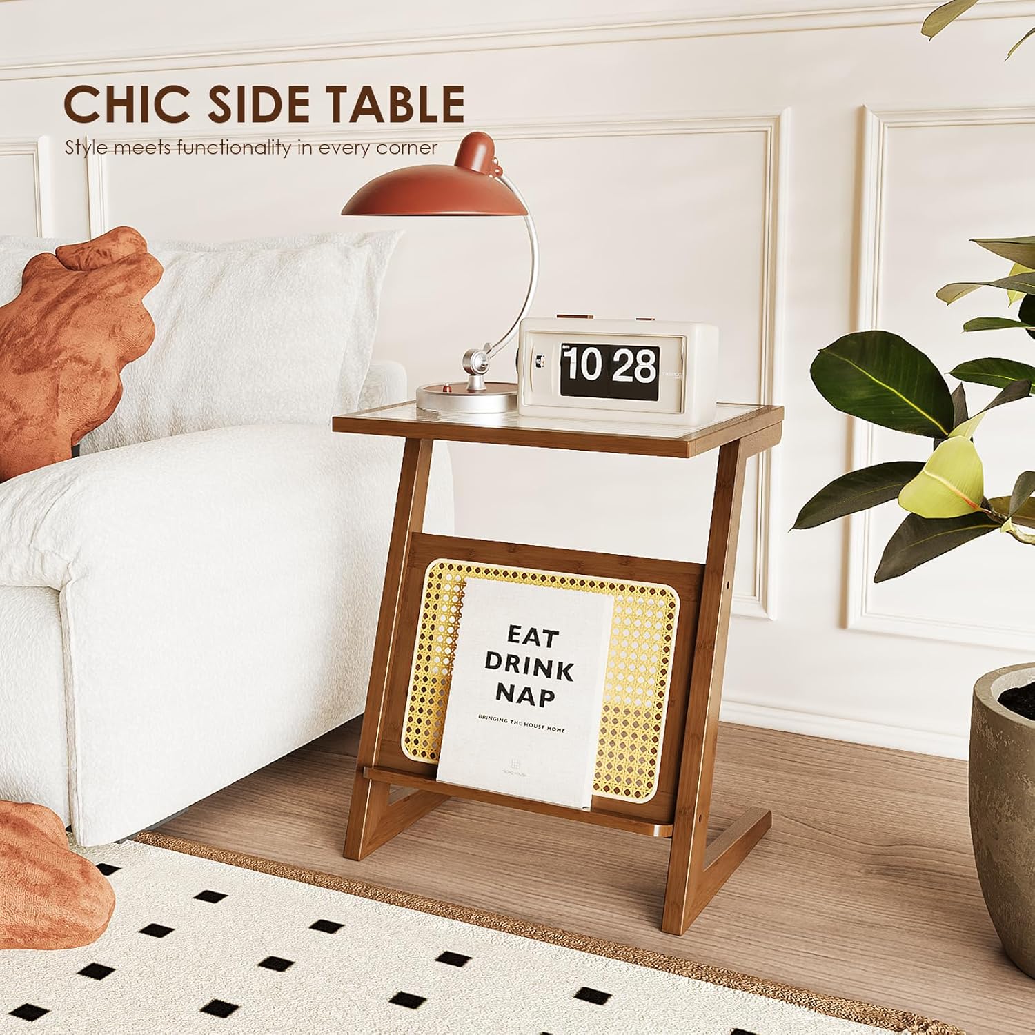 Furnishiaa Rattan Z-Shape Side Table with Glass Top and Storage - Furnishiaa -  - 