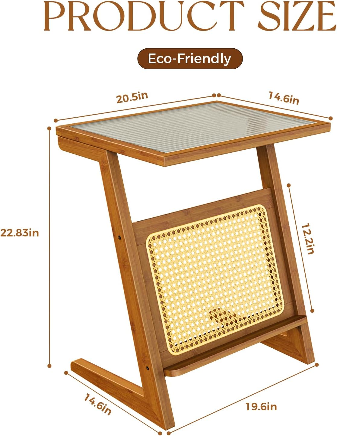 Furnishiaa Rattan Z-Shape Side Table with Glass Top and Storage - Furnishiaa -  - 