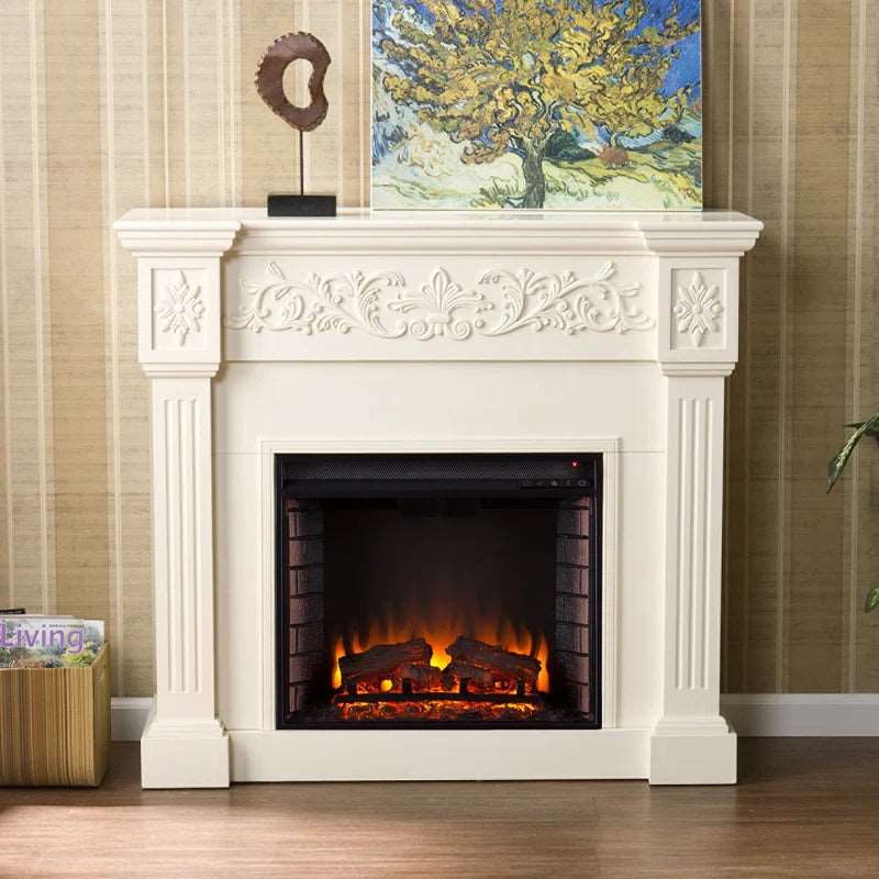 Furnishiaa Royal White Carving Solid Wood Electric Fireplace - Furnishiaa -  - 