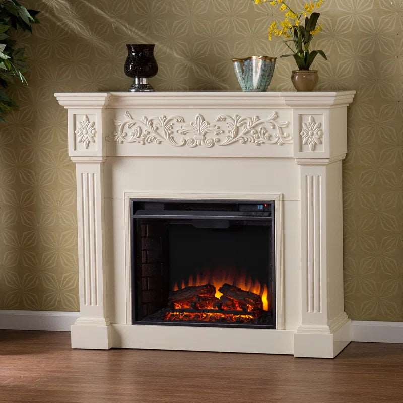 Furnishiaa Royal White Carving Solid Wood Electric Fireplace - Furnishiaa -  - 
