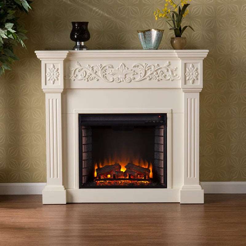 Furnishiaa Royal White Carving Solid Wood Electric Fireplace - Furnishiaa -  - 