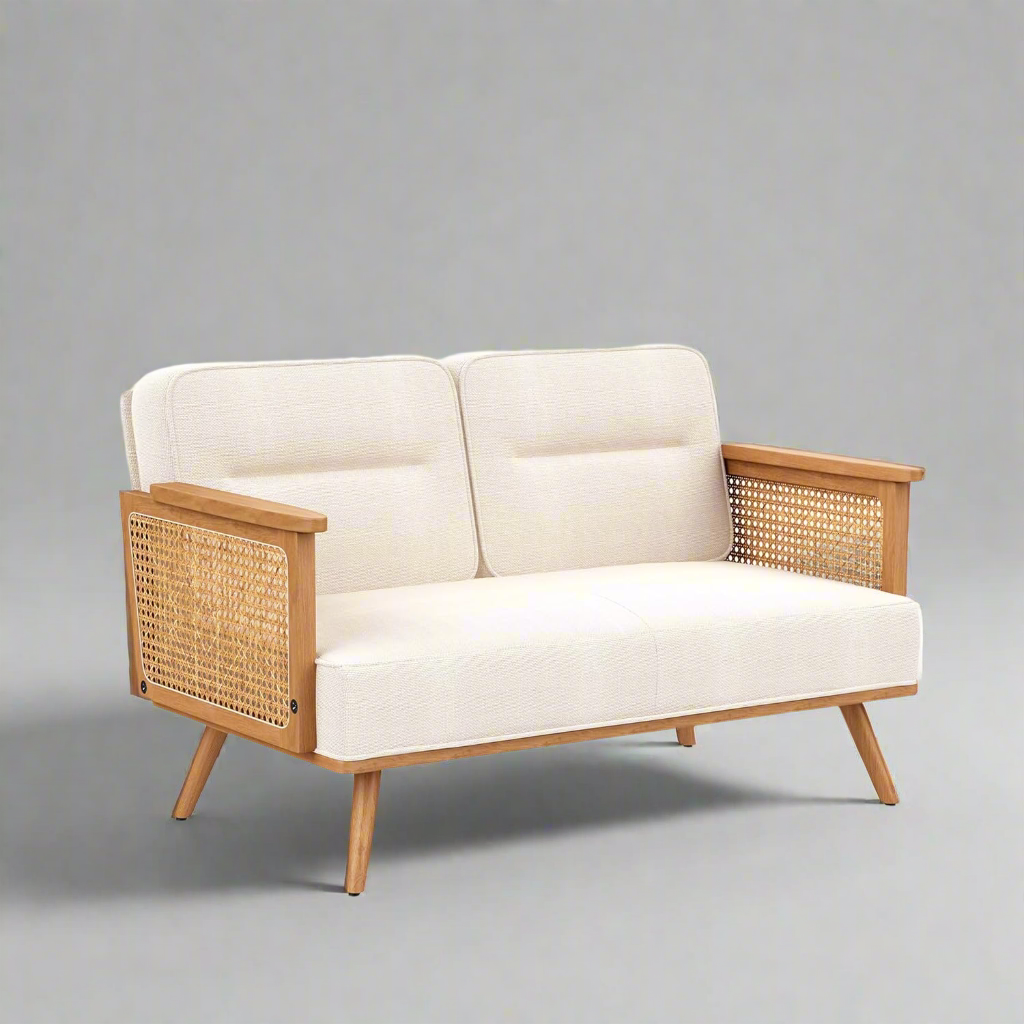 Furnishiaa Solid Oak Wood Loveseat Sofa Couches with Rattan Arms - Furnishiaa -  - 