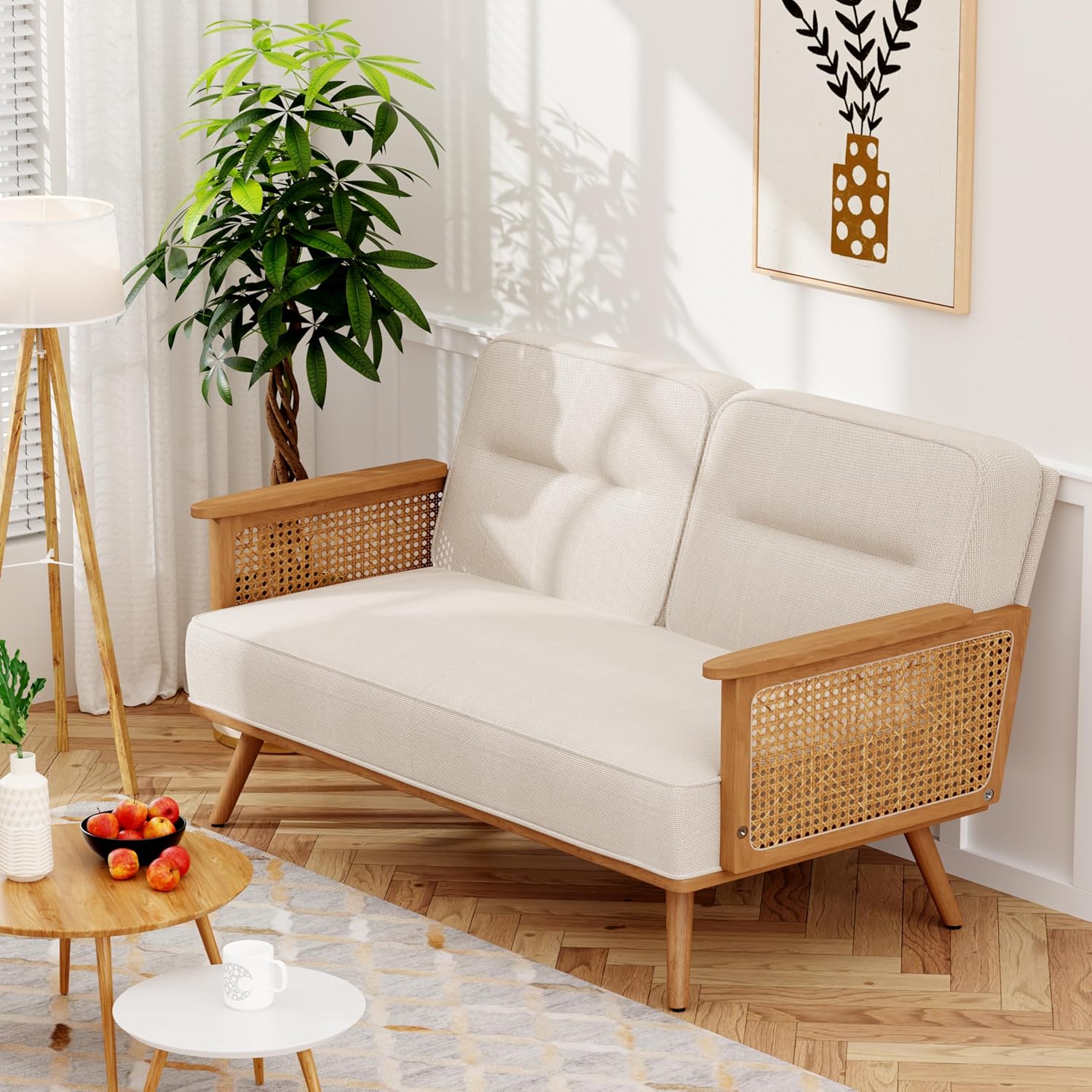 Furnishiaa Solid Oak Wood Loveseat Sofa Couches with Rattan Arms - Furnishiaa -  - 